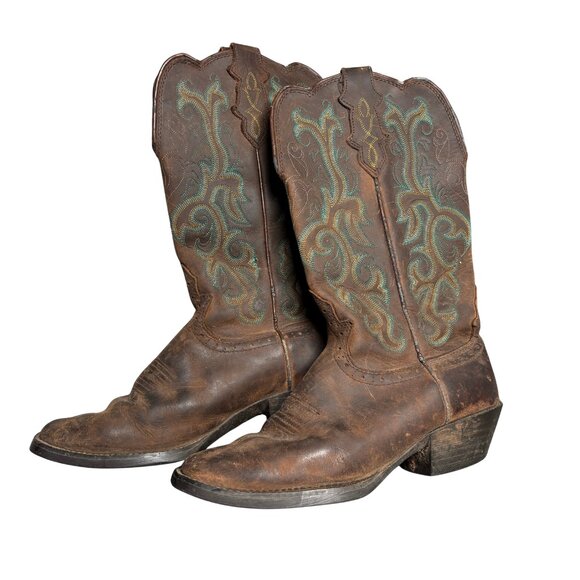 Justin Brown Leather Western Cowboy Boots Embroidered – Size 7B - Picture 1 of 11